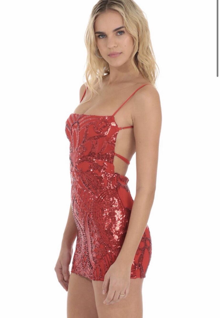 Lucy in the Sky Sequin Dress Red Homecoming Mini Ruffle Sexy Small Open Back
